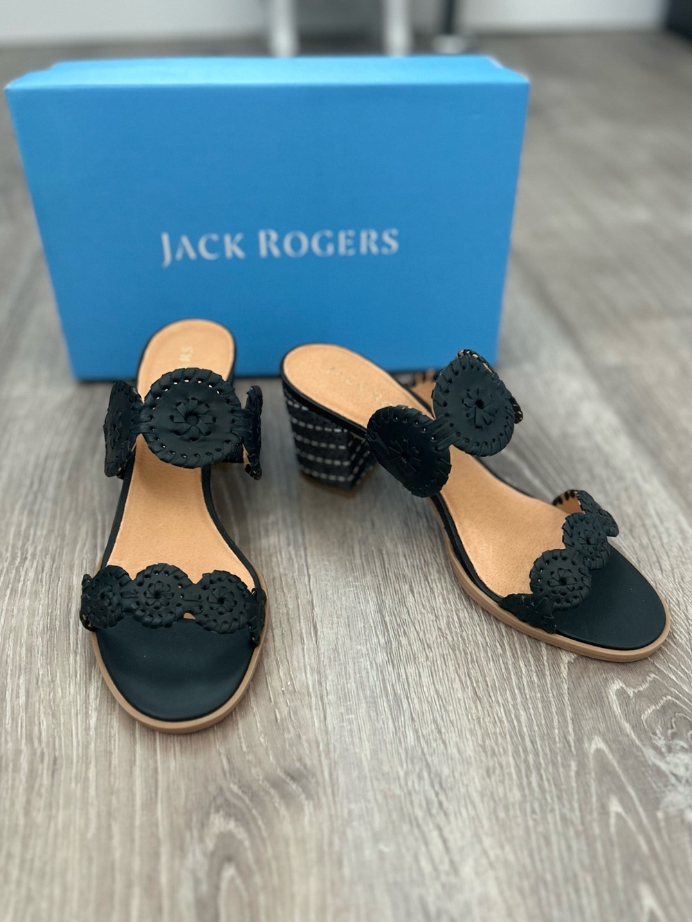 Jack Rogers Lauren Mid Heel Black Scalloped Double-Strap Block Heel